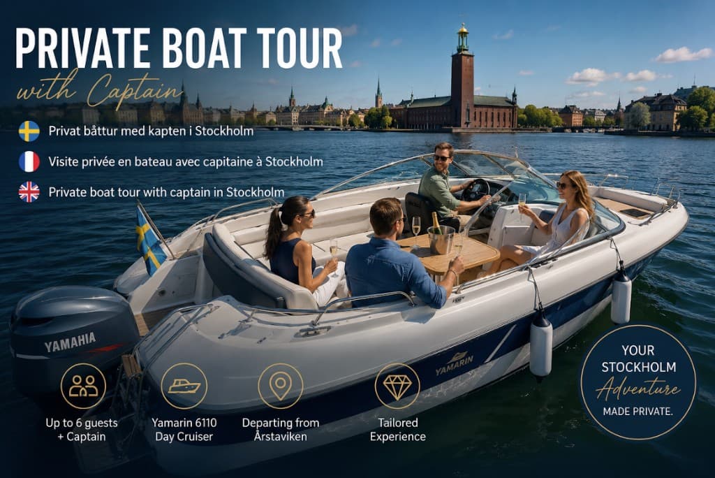 Privat båttur med skeppare i Stockholm förbi Stadshuset på en Yamarin day cruiser